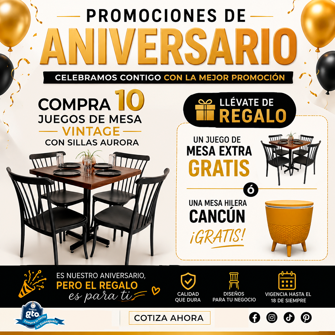 PROMOCIÓN DE ANIVERSARIO 10 MESAS VINTAGE CON SILLAS AURORA