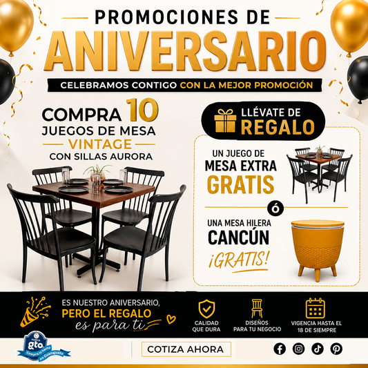 PROMOCIÓN DE ANIVERSARIO 10 MESAS VINTAGE CON SILLAS AURORA