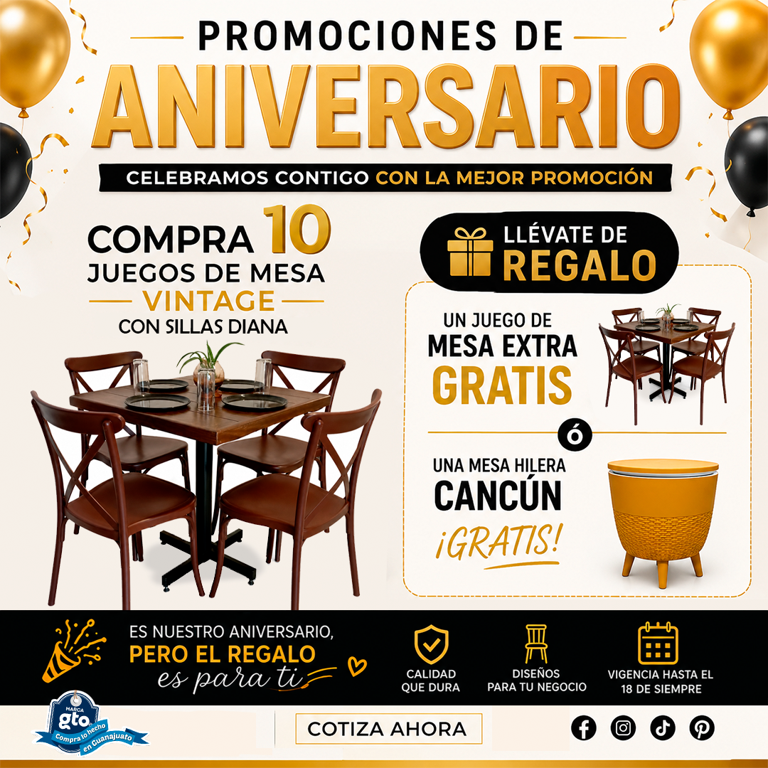PROMOCIÓN DE ANIVERSARIO 10 MESAS VINTAGE CON SILLAS DIANA