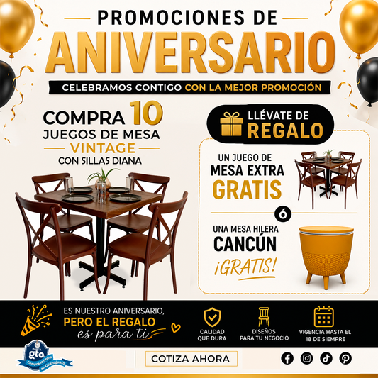 PROMOCIÓN DE ANIVERSARIO 10 MESAS VINTAGE CON SILLAS DIANA